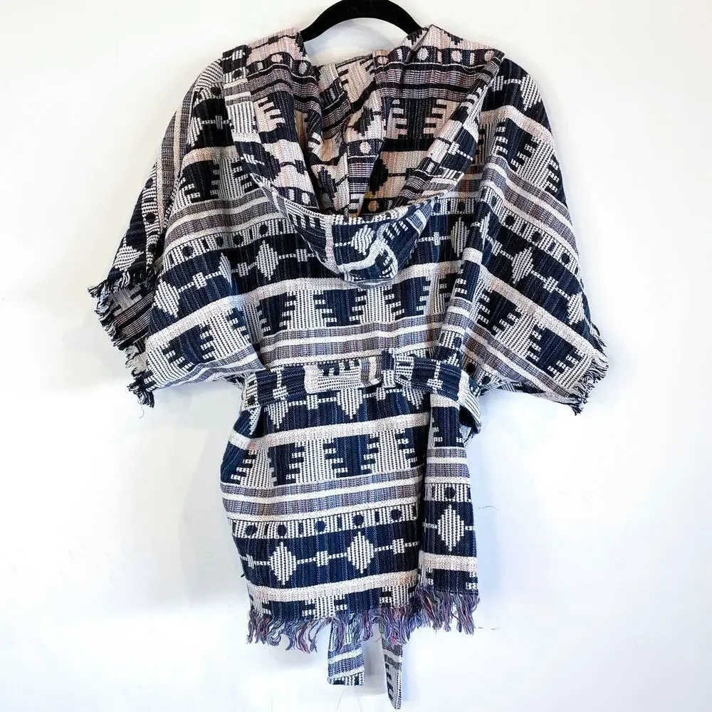 BB Dakota Black & White Print Knit Cozy Hooded Jacket w/‎ Belt Boho Women's S